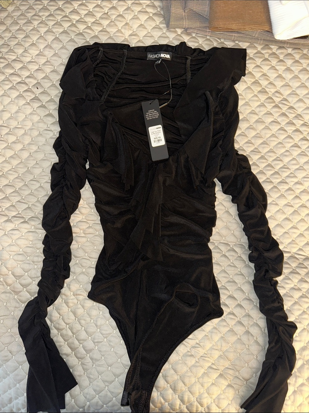 Fashion Nova Black Ruched Long-Sleeve Women’s One-Piece Bodysuit